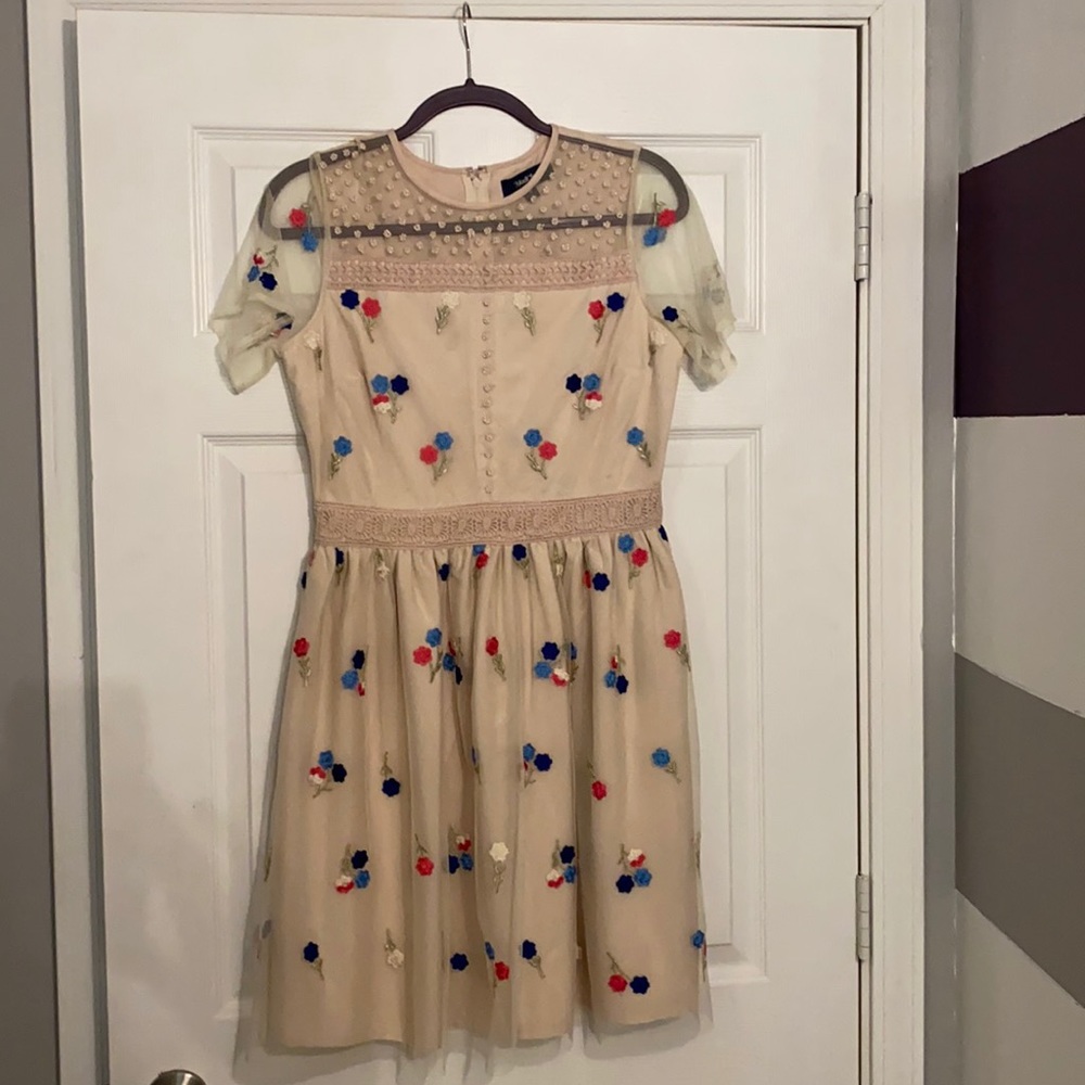 Light pink dress with embroidered flowers.